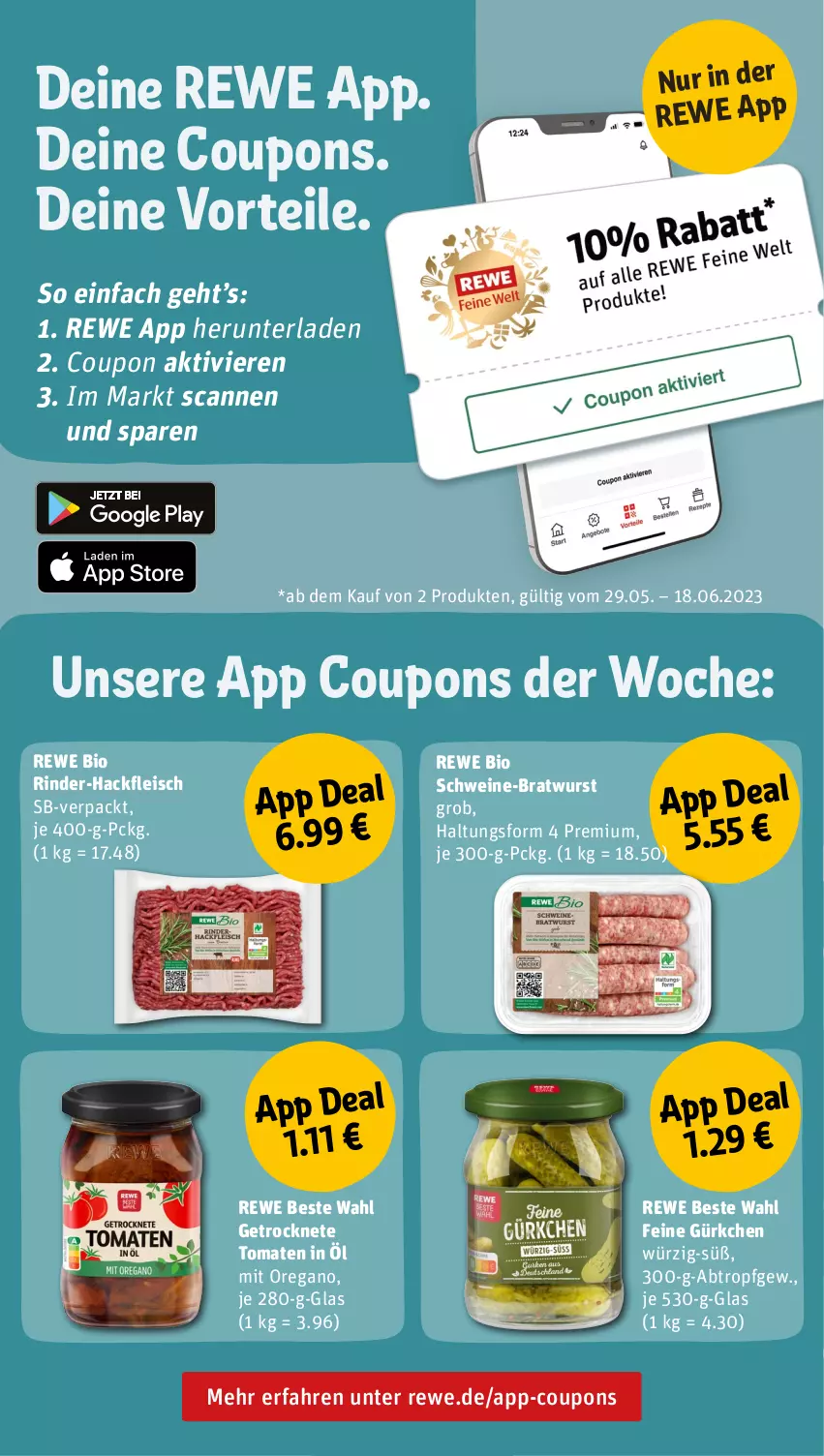 Aktueller Prospekt Rewe - Prospekte - von 12.06 bis 17.06.2023 - strona 17 - produkty: bio, bratwurst, coupon, coupons, eis, feine gürkchen, fleisch, Getrocknete Tomaten, hackfleisch, rewe beste wahl, rewe bio, rind, rinder, rinder-hackfleisch, schwein, schweine, Ti, tomate, tomaten, wein, weine, wurst