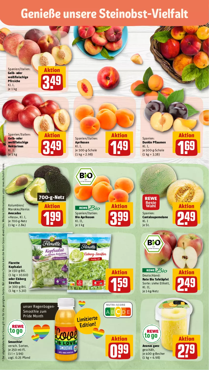 Aktueller Prospekt Rewe - Prospekte - von 12.06 bis 17.06.2023 - strona 4 - produkty: ananas, aprikose, aprikosen, avocado, avocados, Becher, bio, eis, fleisch, florette, kopfsalat, melone, Nektar, nektarinen, obst, pfirsich, pfirsiche, pflaume, pflaumen, reifen, salat, Schal, Schale, smoothie, tafeläpfel, Ti