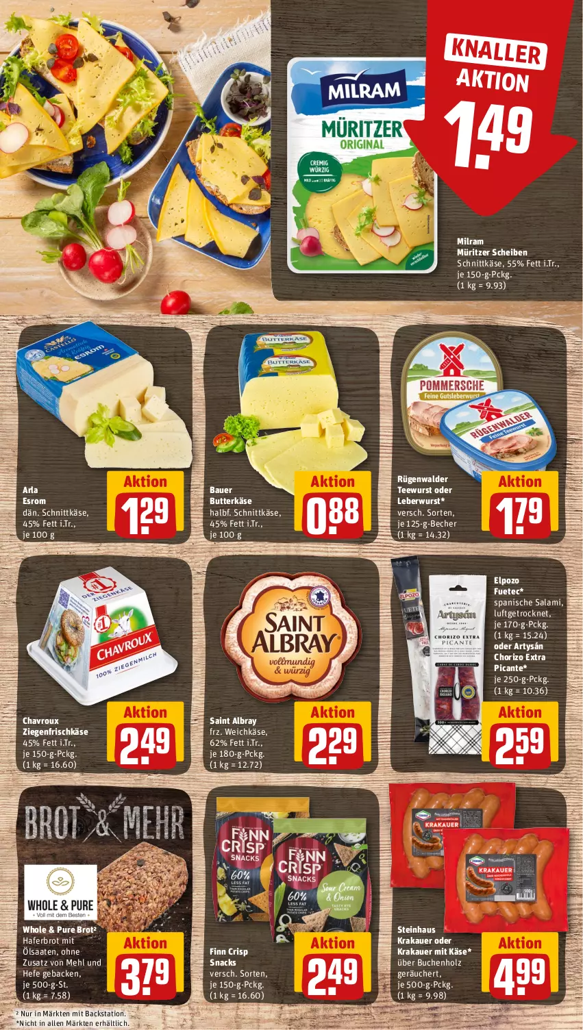 Aktueller Prospekt Rewe - Prospekte - von 12.06 bis 17.06.2023 - strona 7 - produkty: albray, arla, auer, Bau, Bauer, Becher, brot, buch, butter, butterkäse, chavroux, chorizo, esrom, frischkäse, geback, hafer, Hefe, Holz, Käse, krakauer, leberwurst, mehl, milram, rügenwalder, saint albray, salami, schnittkäse, snack, snacks, steinhaus, tee, teewurst, Ti, weichkäse, wurst, ziegenfrischkäse