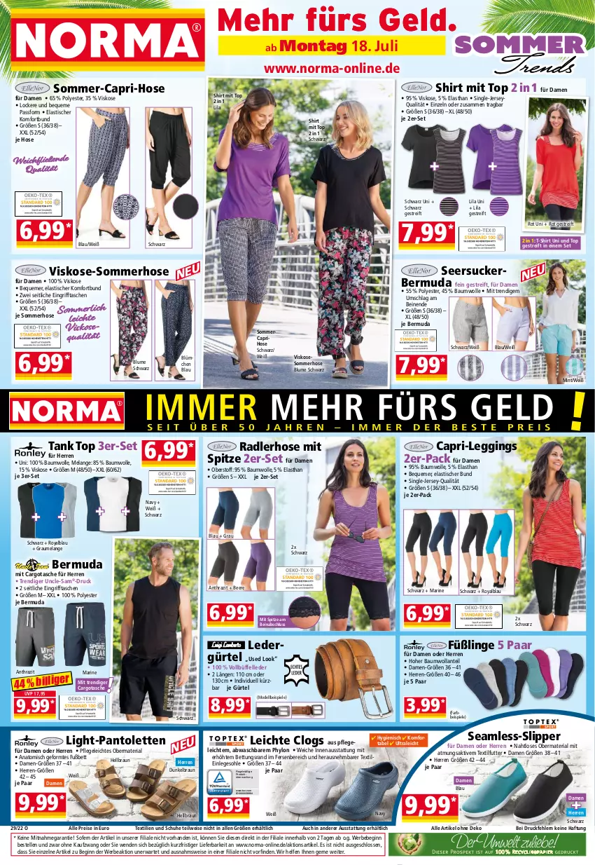 Aktueller Prospekt Norma - Norma - von 18.07 bis 25.07.2022 - strona 1 - produkty: asti, Bau, baumwolle, Bebe, beere, bermuda, bett, blume, braun, Cap, caprihose, Clogs, dell, eis, Elan, elle, Füßlinge, gin, hose, Hylo, leggings, merl, mint, Mode, pantolette, pantoletten, radler, reis, Ria, schuhe, seersucker, shirt, slip, Slipper, Spiele, T-Shirt, Tasche, taschen, Ti, tisch, wolle