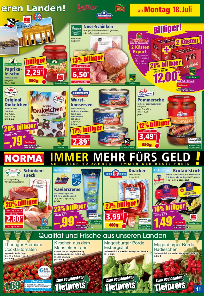 Aktueller Prospekt Norma - Norma - von 18.07 bis 25.07.2022 - strona 11 - produkty: auer, aufstrich, bacon, Becher, brot, brotaufstrich, buch, burger, cocktail, creme, eis, eisbergsalat, flasche, fleisch, Garten, Geflügel, gin, hering, Herings, Holz, kirsch, kirsche, kirschen, knacker, knoblauch, Konserven, krakauer, kühlregal, Letscho, mac, malz, milch, mozzarella, nuss, paprika, Pommersche, radieschen, Rauch, regal, reis, rel, rind, ring, sac, salat, schinken, schinkenspeck, Schmalz, schnittlauch, schwein, schweine, schweinefleisch, Speck, Spezi, Ti, tiefpreis, tomate, tomaten, vollmilch, wein, weine, wurst, wurstkonserven