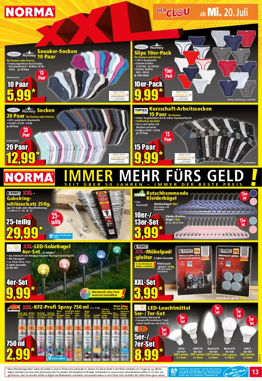 Aktueller Prospekt Norma - Norma - von 18.07 bis 25.07.2022 - strona 13 - produkty: Arbeitssocken, Bau, baumwolle, Bebe, bügel, edelstahl, eis, elle, gabel, gin, Glaskugel, kerze, Kette, Kinder, kleid, kleider, kleiderbügel, Kugel, leuchtmittel, LG, möbel, ndk, reiniger, reis, ring, Ringschlüsselsatz, rum, schrauben, slip, slips, sneaker, socken, Spektrum, Spezi, Spiele, tee, Ti, wandhalterung, wolle