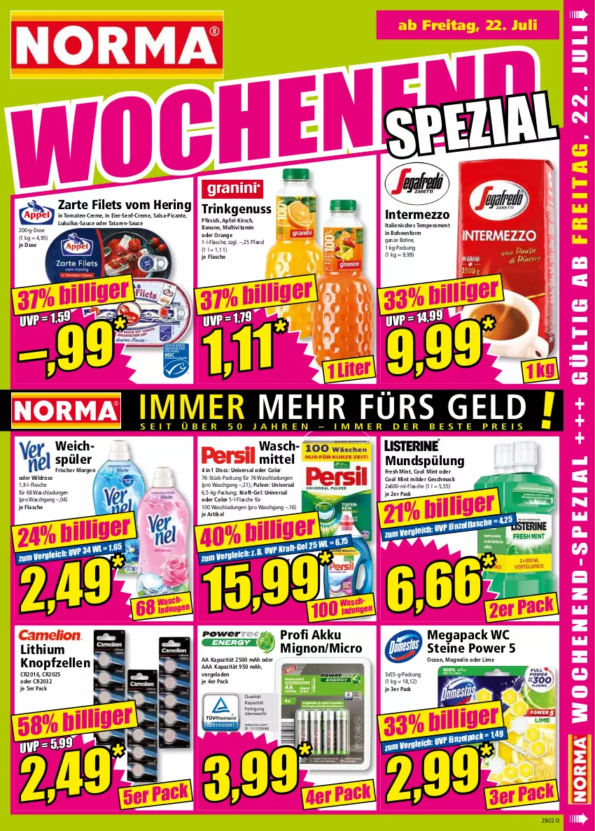 Aktueller Prospekt Norma - Norma - von 18.07 bis 25.07.2022 - strona 15 - produkty: akku, apfel, banane, bohne, bohnen, creme, eier, elle, filet, filets, flasche, hering, intermezzo, kirsch, kraft, lukull, mac, mint, mundspülung, nuss, orange, pfirsich, ring, Salsa, sauce, senf, spülung, Ti, tomate, tomaten, vita, waschmittel, weichspüler, Wild