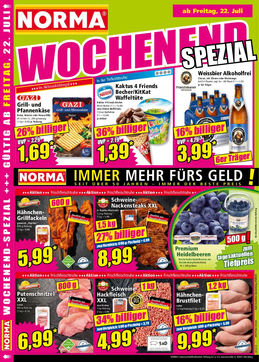 Aktueller Prospekt Norma - Norma - von 18.07 bis 25.07.2022 - strona 16 - produkty: alkohol, Becher, beere, beeren, bier, Blutorange, braten, brustfilet, eimer, eis, filet, flasche, fleisch, gewürz, grill, grillfackeln, hackfleisch, hähnchenbrust, hähnchenbrustfilet, heidelbeere, heidelbeeren, Käse, kitkat, kräuter, lebensmittel, marinade, Nackensteak, nackensteaks, natur, orange, paprika, pfanne, pfannen, pfannenkäse, pute, putenschnitzel, regal, reis, schnitzel, schwein, schweine, Schweinehackfleisch, schweinenacken, steak, steaks, Ti, tiefpreis, Tüte, und pfanne, wein, weine, weissbier, zitrone