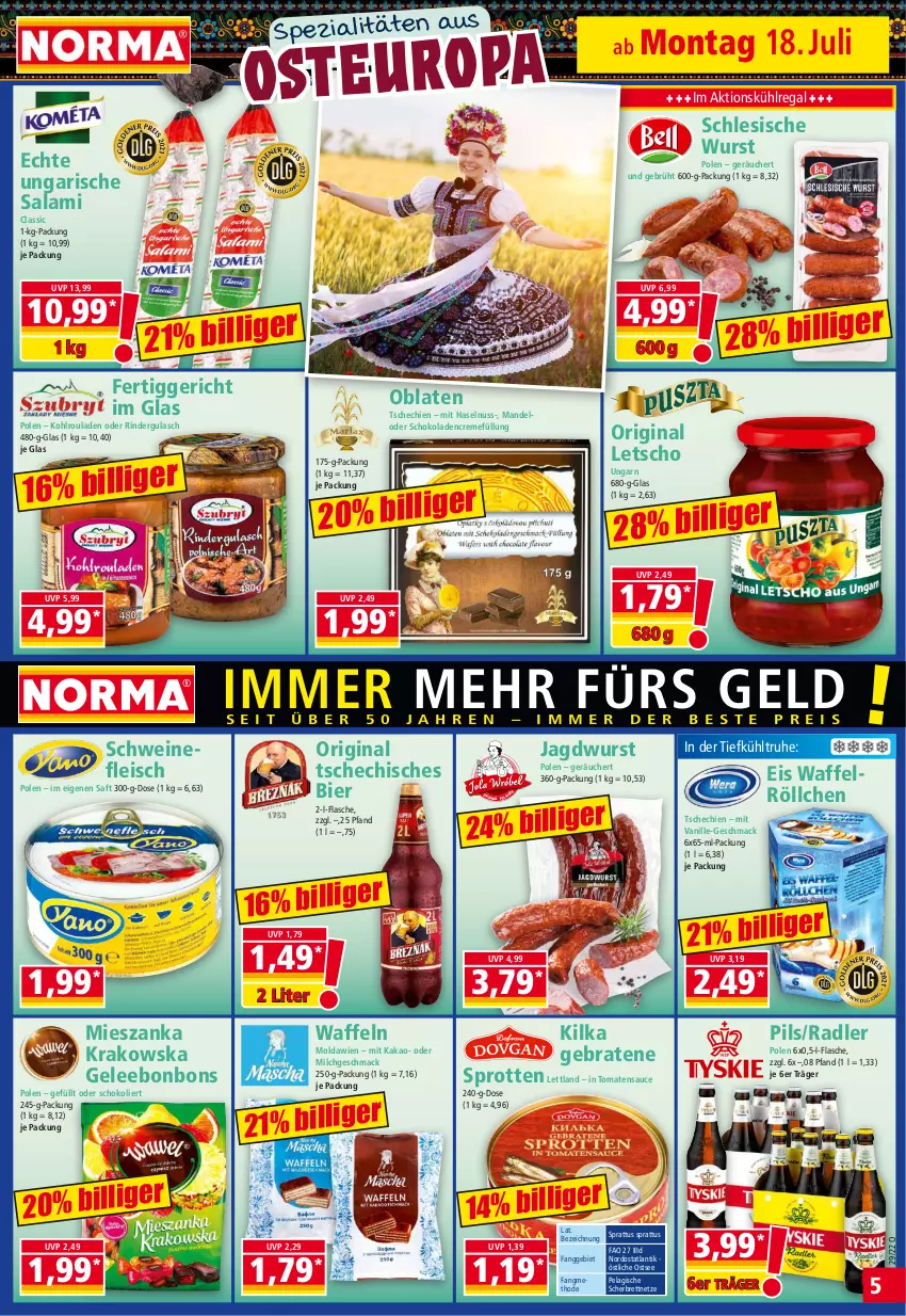 Aktueller Prospekt Norma - Norma - von 18.07 bis 25.07.2022 - strona 5 - produkty: bier, bonbons, braten, creme, eis, fertiggericht, flasche, fleisch, gelee, gin, gulasch, haselnuss, jagdwurst, kakao, Kohlrouladen, kühlregal, Letscho, mac, mandel, milch, nuss, Oblaten, oder rindergulasch, pils, radler, regal, rind, rinder, rindergulasch, rouladen, saft, salami, sauce, schoko, schokolade, schokoladen, schwein, schweine, schweinefleisch, Spezi, Sprotten, Ti, tomate, tomaten, tomatensauce, Ungarische Salami, vanille, waffeln, Waffelröllchen, wein, weine, wurst