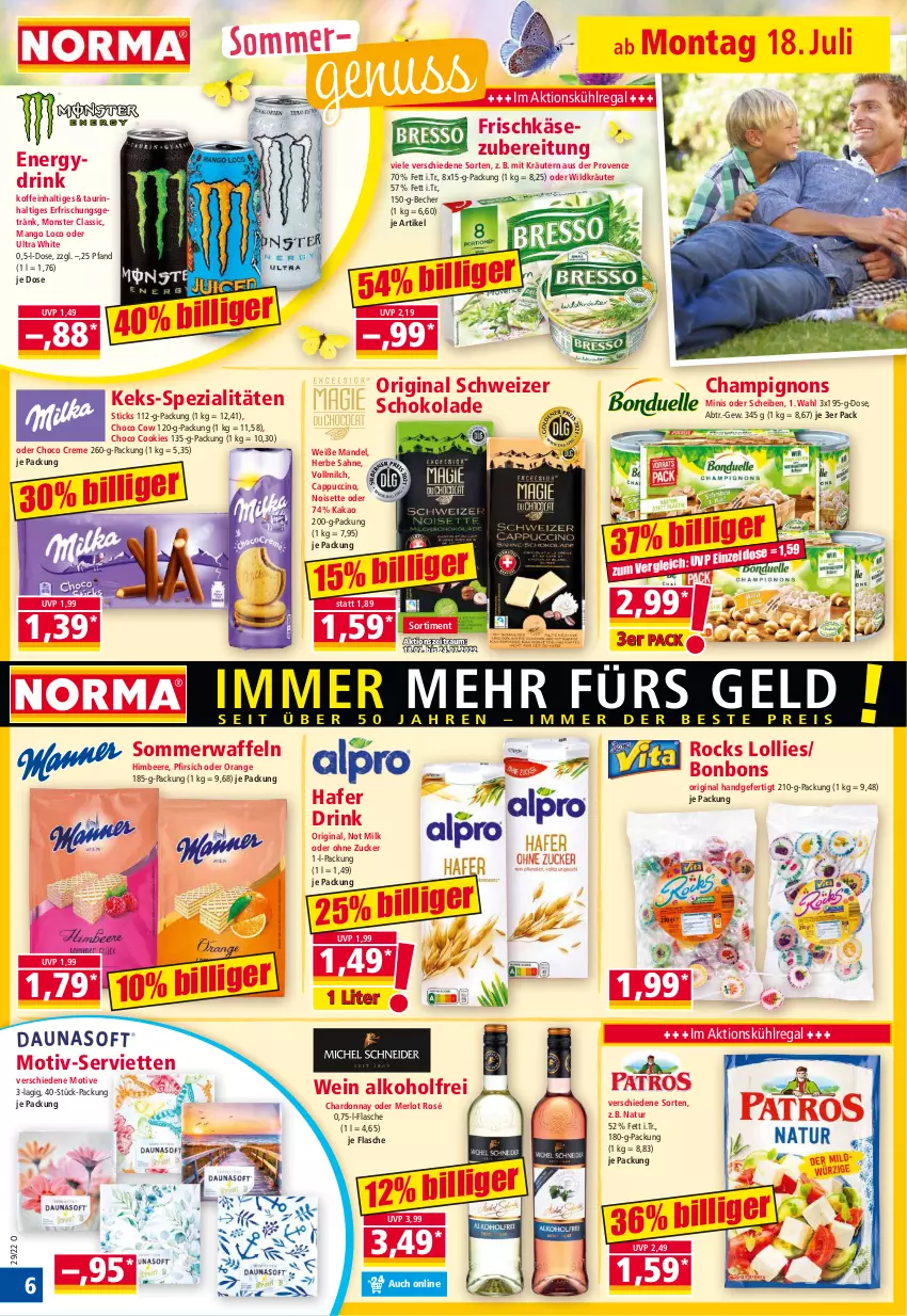 Aktueller Prospekt Norma - Norma - von 18.07 bis 25.07.2022 - strona 6 - produkty: alkohol, Becher, beere, bonbons, Cap, cappuccino, champignon, champignons, chardonnay, cin, cookie, cookies, creme, drink, erfrischungsgetränk, flasche, frischkäse, frischkäsezubereitung, getränk, gin, hafer, himbeer, himbeere, kakao, Käse, keks, kräuter, kräutern, kühlregal, mandel, mango, merl, merlot, milch, monster, natur, nuss, orange, pfirsich, regal, sahne, schoko, schokolade, Serviette, servietten, Spezi, Ti, vollmilch, waffeln, wein, Wild, zucker