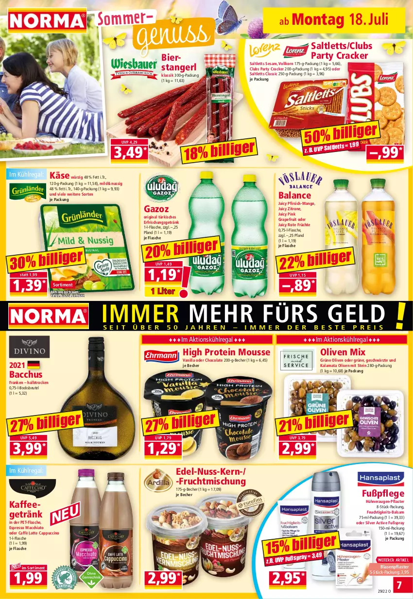 Aktueller Prospekt Norma - Norma - von 18.07 bis 25.07.2022 - strona 7 - produkty: ACC, balsam, Becher, beutel, bier, Blasenpflaster, caffè latte, Cap, cappuccino, chia, cin, cola, cracker, erfrischungsgetränk, espresso, flasche, frucht, früchte, getränk, gin, grapefruit, grüne oliven, hühner, kaffee, Käse, korn, kühlregal, latte, mac, macchiato, mango, mousse, nuss, olive, oliven, pet-flasche, pfirsich, pflaster, regal, saltletts, sesam, Ti, zitrone, ZTE