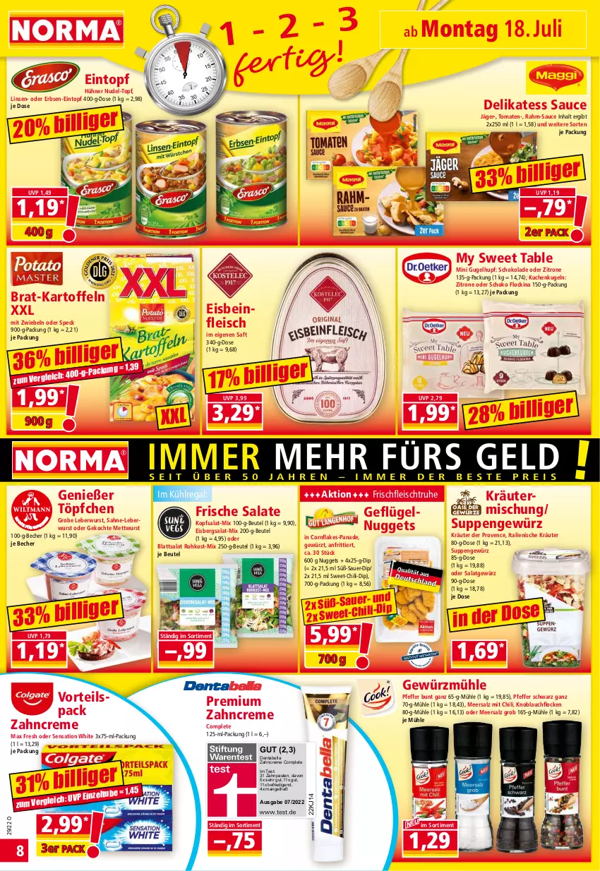 Aktueller Prospekt Norma - Norma - von 18.07 bis 25.07.2022 - strona 8 - produkty: auer, Becher, beutel, chili, creme, delikatess sauce, dip, eintopf, eis, eisbergsalat, erbsen, flakes, fleisch, Geflügel, gewürz, Gewürzmühle, hühner, kartoffel, kartoffeln, knoblauch, kopfsalat, kräuter, kuchen, Kugel, kühlregal, leberwurst, linsen, Max Fresh, meersalz, Mett, mettwurst, mit zwiebeln, my sweet table, nudel, nudel-topf, nuggets, pfeffer, regal, saft, sahne, salat, salate, salz, sauce, schoko, schokolade, Speck, suppe, suppen, Ti, tomate, tomaten, topf, Töpfchen, wurst, zahncreme, Zelt, zitrone, zwiebel, zwiebeln