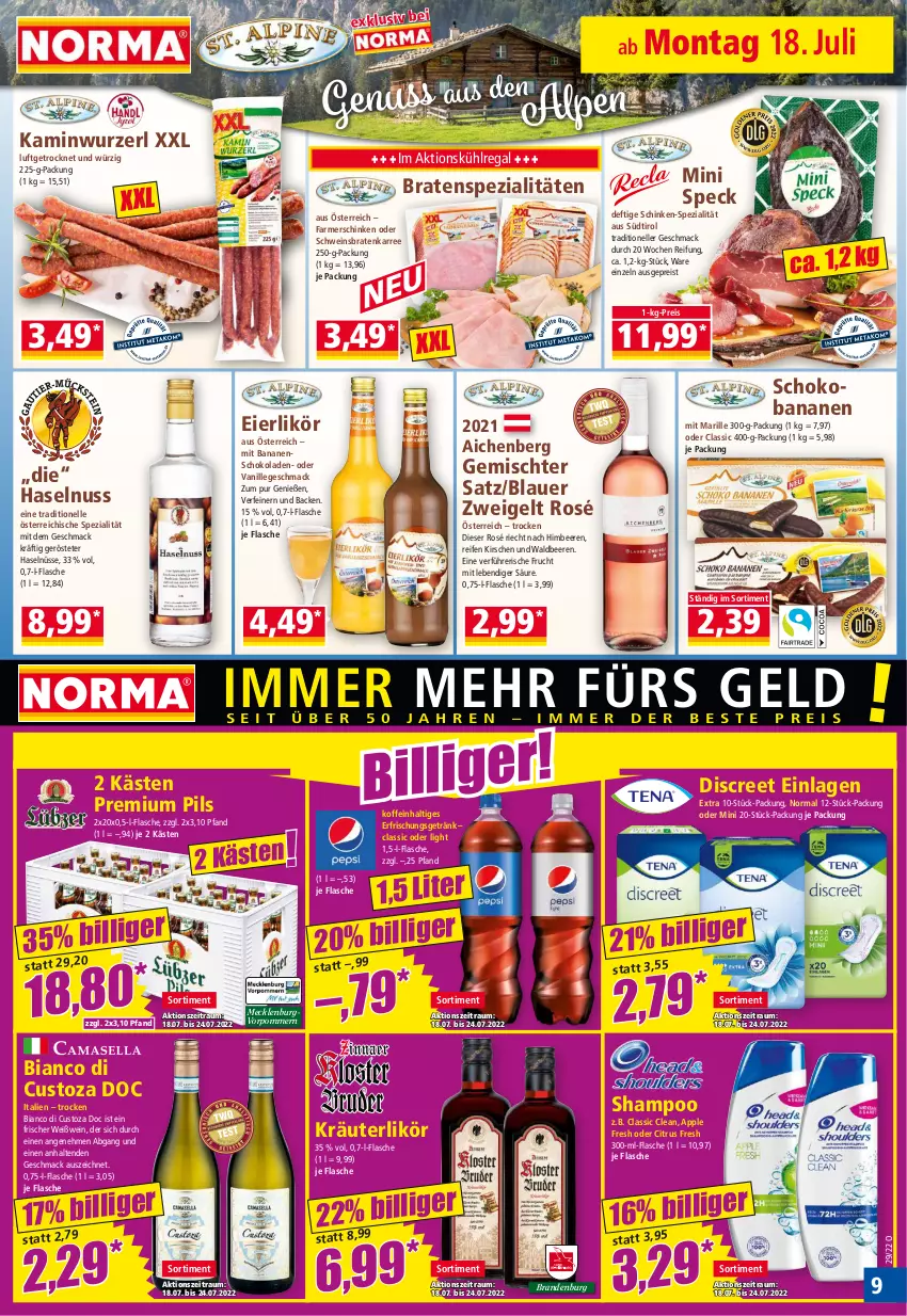 Aktueller Prospekt Norma - Norma - von 18.07 bis 25.07.2022 - strona 9 - produkty: Apple, auer, banane, bananen, beere, beeren, blauer zweigelt, braten, citrus, Discreet, eier, eierlikör, eis, elle, erfrischungsgetränk, farmerschinken, flasche, frucht, Gemischter Satz, getränk, haselnuss, himbeer, himbeere, himbeeren, Kamin, Kaminwurz, kirsch, kirsche, kirschen, kräuter, kräuterlikör, kühlregal, likör, mac, nuss, pils, premium pils, regal, reifen, reis, schinken, schoko, Schokobananen, schokolade, schokoladen, schwein, shampoo, Speck, Spezi, Ti, vanille, wein, Weißwein, Zweigelt