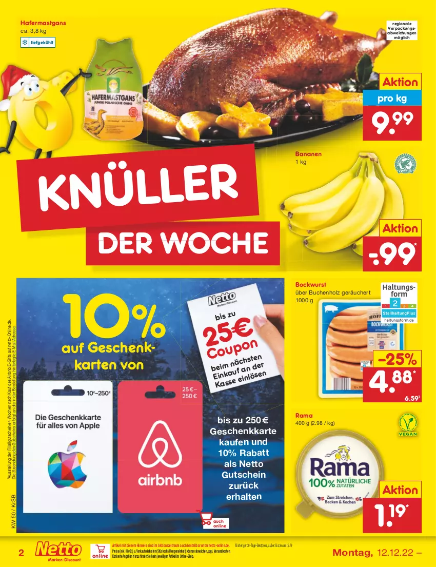 Aktueller Prospekt Netto Marken-Discount - Filial-Angebote - von 12.12 bis 17.12.2022 - strona 2 - produkty: banane, bananen, bestpreis, bockwurst, buch, eis, gutschein, gutscheine, hafer, Holz, LG, ndk, rama, reis, tee, Ti, wurst