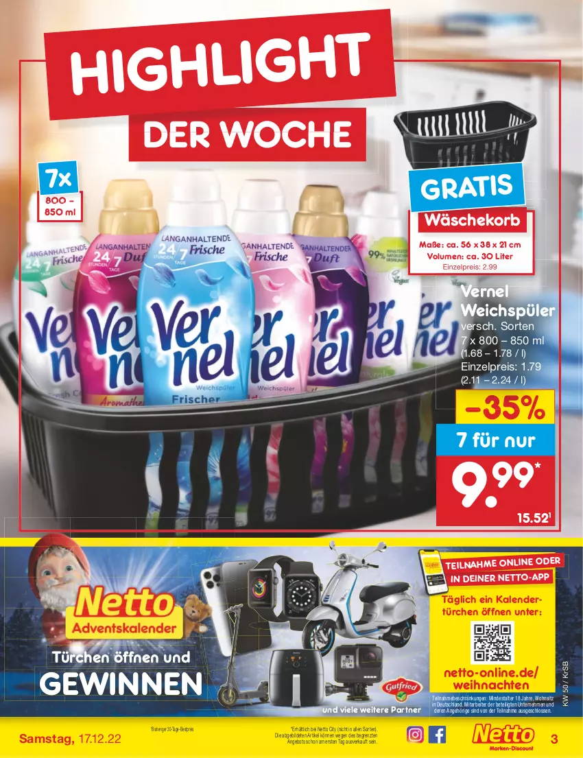 Aktueller Prospekt Netto Marken-Discount - Filial-Angebote - von 12.12 bis 17.12.2022 - strona 3 - produkty: angebot, bestpreis, eis, korb, reis, Ti, vernel, wäschekorb, weichspüler, weihnachten, ZTE