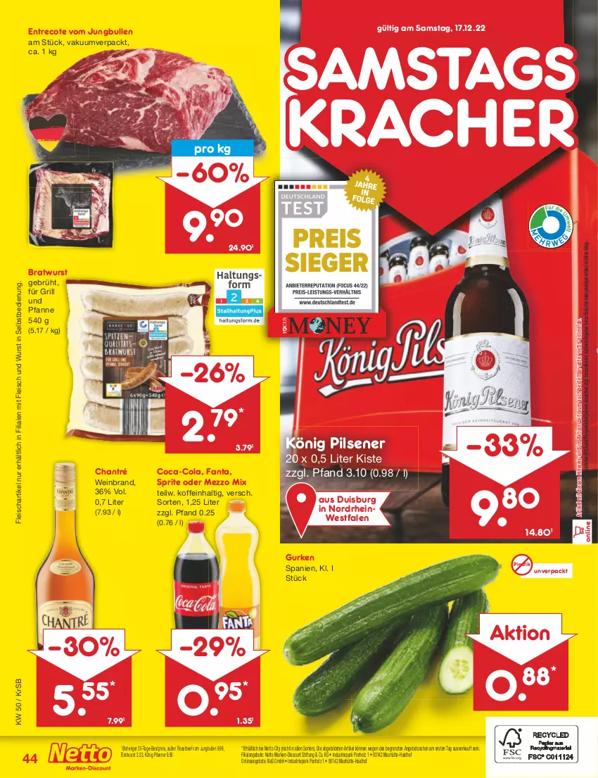 Aktueller Prospekt Netto Marken-Discount - Filial-Angebote - von 12.12 bis 17.12.2022 - strona 44 - produkty: angebot, angebote, asti, beef, bestpreis, bratwurst, chantré, coca-cola, cola, discount, eis, fanta, fleisch, für grill und pfanne, grill, grill und pfanne, gurke, gurken, Holz, jungbullen, könig pilsener, kracher, marken-discount, Mezzo Mix, ndk, pfanne, pils, pilsener, reis, roastbeef, sprite, Ti, und pfanne, wein, weinbrand, wurst, wurst in selbstbedienung, ZTE