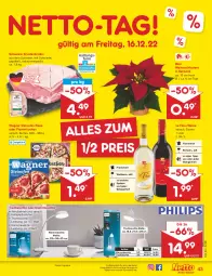 Gazetka promocyjna Netto Marken-Discount - Filial-Angebote - Gazetka - ważna od 17.12 do 17.12.2022 - strona 43 - produkty: akku, angebot, bestpreis, braten, eis, flammkuchen, krustenbraten, kuchen, lamm, Leuchte, Ofen, pizza, reis, rotwein, schinken, schwein, schweine, steinofen, steinofen pizza, Ti, tisch, tischleuchte, topf, wagner, Weihnachtsstern, wein, weine, Weißwein, ZTE