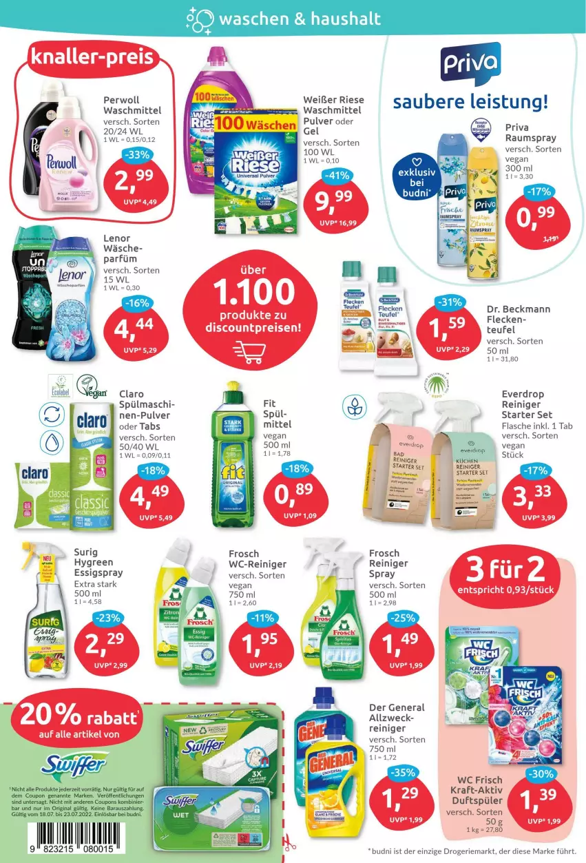 Aktueller Prospekt Budni - Prospekte - von 18.07 bis 23.07.2022 - strona 4 - produkty: asti, coupon, coupons, discount, Dr. Beckmann, eis, essig, flasche, Frosch, gin, kraft, küche, Küchen, lenor, perwoll, reiniger, reis, rwe, Ti, waschmittel, wc frisch, wc-reiniger, weck