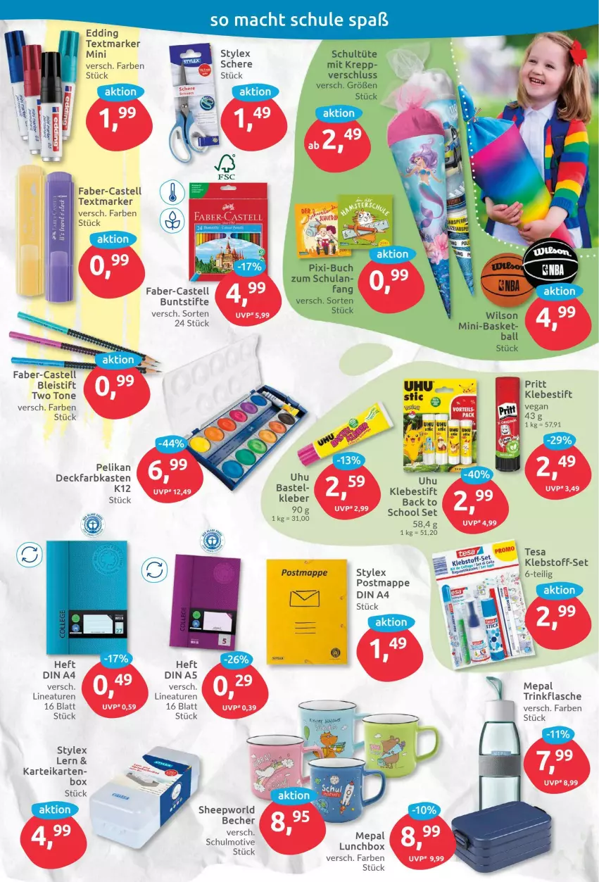 Aktueller Prospekt Budni - Prospekte - von 18.07 bis 23.07.2022 - strona 7 - produkty: ball, Becher, Bleistift, buch, buntstifte, deckfarbkasten, din a4, eis, flasche, kleber, pelikan, Postmappe, pritt, stifte, stylex, tesa, textmarker, Ti, trinkflasche, Tüte, uhu