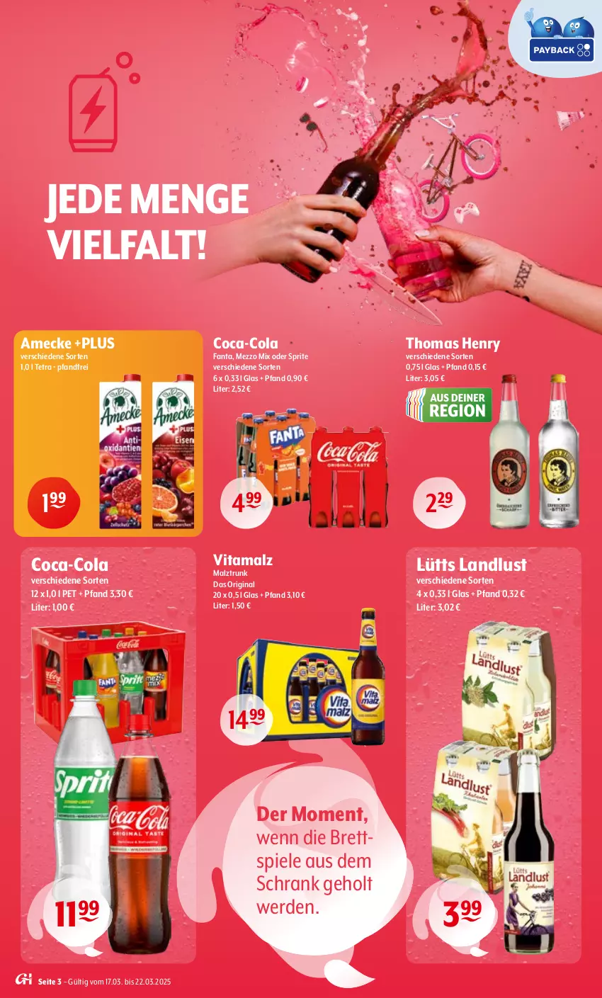 Aktueller Prospekt Getraenke Hoffmann - Prospekte - von 17.03 bis 22.03.2025 - strona 3 - produkty: amecke, coca-cola, cola, erde, fanta, gin, malz, Mezzo Mix, oder sprite, Schrank, Spiele, sprite, thomas henry, Ti, vita, vitamalz