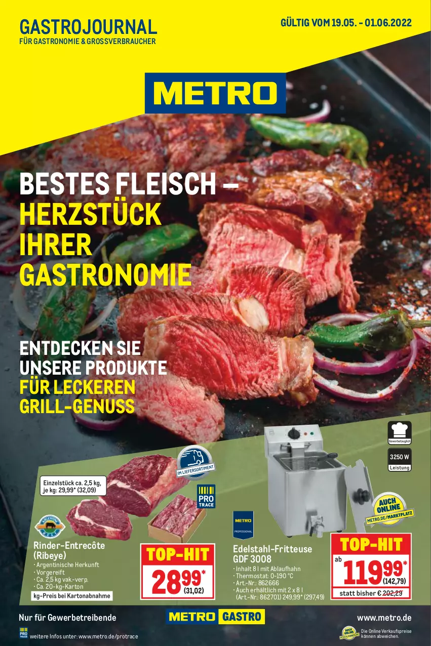 Aktueller Prospekt Metro - GastroJournal - von 19.05 bis 01.06.2022 - strona 1 - produkty: decke, edelstahl, Edelstahl-Fritteuse, eis, entrecôte, fleisch, fritteuse, grill, Metro, nuss, Rauch, reis, rind, rinder, thermostat, Ti, top-hit