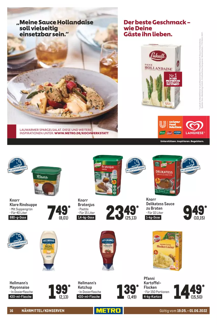 Aktueller Prospekt Metro - GastroJournal - von 19.05 bis 01.06.2022 - strona 16 - produkty: braten, delikatess sauce, flasche, kartoffel, ketchup, knorr, Konserven, mayonnaise, pfanni, rind, sauce, suppe, suppen, Ti, Yo