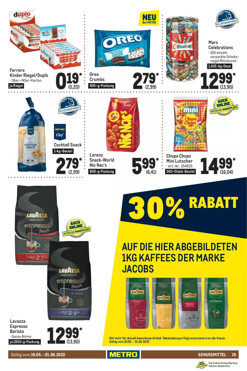 Aktueller Prospekt Metro - GastroJournal - von 19.05 bis 01.06.2022 - strona 19 - produkty: auto, beutel, bohne, chupa, chupa chups, cocktail, duplo, eis, espresso, ferrero, jacobs, kaffee, Kinder, kinder riegel, lavazza, LG, lorenz, Lutscher, mars, nuss, oreo, reis, riegel, rum, schoko, schokoriegel, snack, Ti, tisch