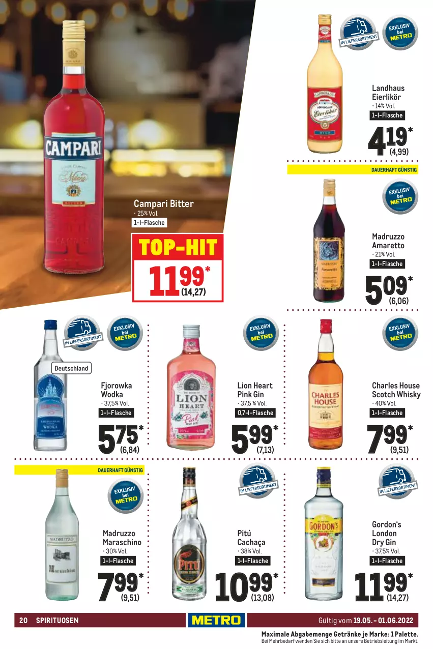 Aktueller Prospekt Metro - GastroJournal - von 19.05 bis 01.06.2022 - strona 20 - produkty: Amaretto, cachaça, campari, dry gin, eier, eierlikör, flasche, getränk, getränke, gin, gordon, likör, lion, london dry, london dry gin, Palette, scotch, scotch whisky, spirituosen, Ti, top-hit, whisky, wodka