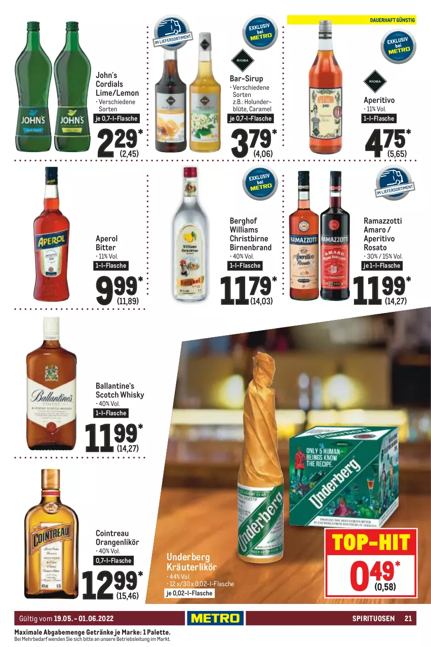 Aktueller Prospekt Metro - GastroJournal - von 19.05 bis 01.06.2022 - strona 21 - produkty: amaro, aperitivo rosato, aperol, ball, Birnen, Blüte, caramel, flasche, getränk, getränke, holunder, holunderblüte, kräuter, kräuterlikör, likör, orange, orangen, Palette, rama, ramazzott, ramazzotti, rosato, scotch, scotch whisky, sirup, spirituosen, Ti, top-hit, underberg, whisky, zott