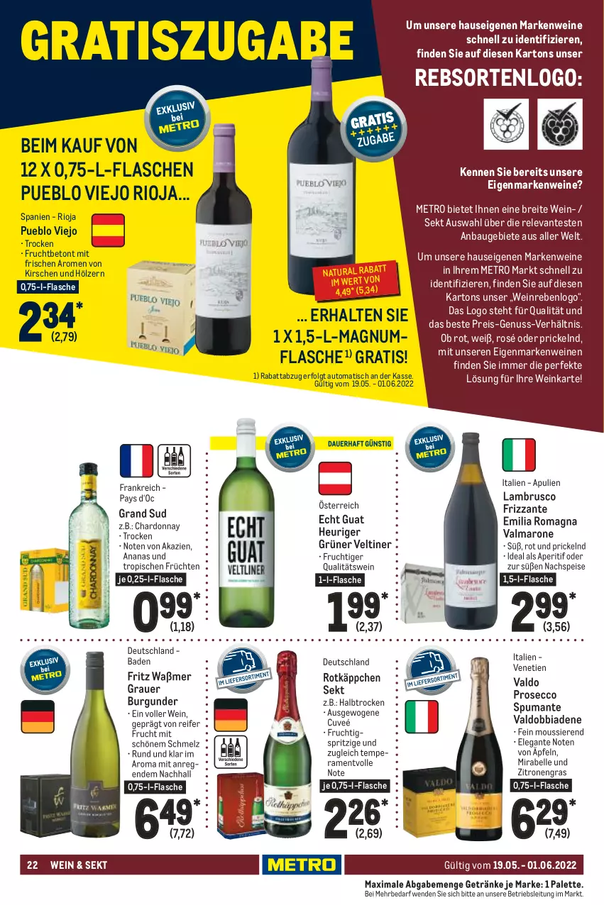 Aktueller Prospekt Metro - GastroJournal - von 19.05 bis 01.06.2022 - strona 22 - produkty: ananas, aperitif, auer, auto, Bad, Bau, Brei, burgunder, chardonnay, ecco, eis, elle, flasche, fritz, frizzante, frucht, früchte, früchten, getränk, getränke, grand sud, grauer burgunder, Heu, kirsch, kirsche, kirschen, Lambrusco, LG, magnum, Metro, natur, natura, nuss, Palette, prosecco, puma, qualitätswein, reis, rel, rioja, rotkäppchen, sekt, spumante, Ti, tisch, valdo, wein, weine, zitrone, zitronen