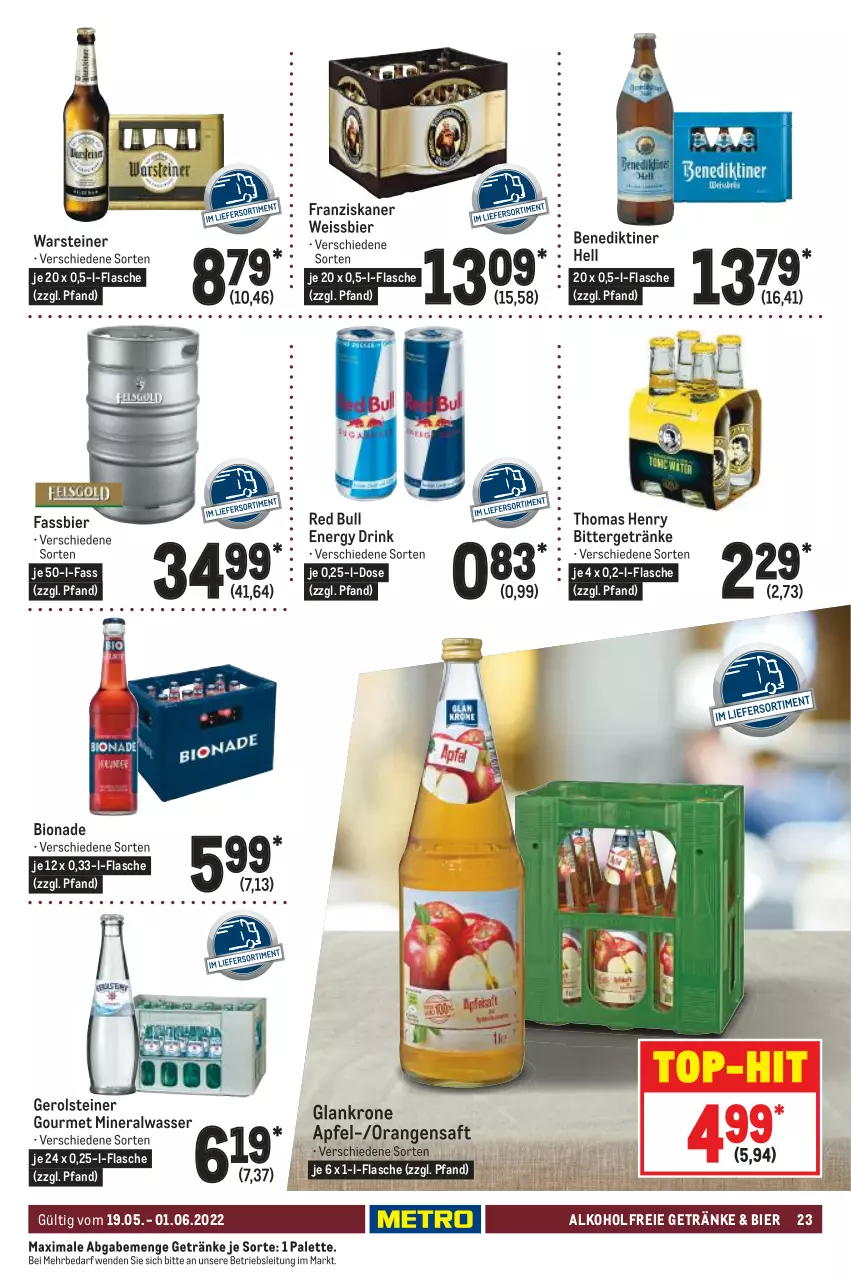 Aktueller Prospekt Metro - GastroJournal - von 19.05 bis 01.06.2022 - strona 23 - produkty: alkohol, alkoholfreie getränke, Alwa, apfel, Benediktiner, bier, bio, bionade, drink, eis, energy drink, flasche, franziskaner, gerolsteine, gerolsteiner, getränk, getränke, krone, mineralwasser, orange, orangen, orangensaft, Palette, red bull, saft, steiner, thomas henry, Ti, top-hit, warsteiner, wasser, weissbier