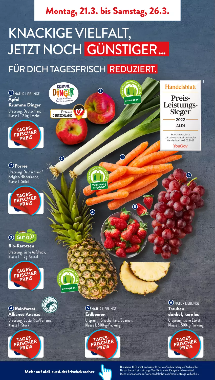 Aktueller Prospekt AldiSud - ALDI Aktuell - von 21.03 bis 26.03.2022 - strona 2 - produkty: aldi, ananas, beere, beeren, beutel, bio, bio-karotten, eis, erdbeere, erdbeeren, karotten, kracher, lebensmittel, LG, natur, Rauch, reis, rum, Tasche, Ti, trauben, Yo