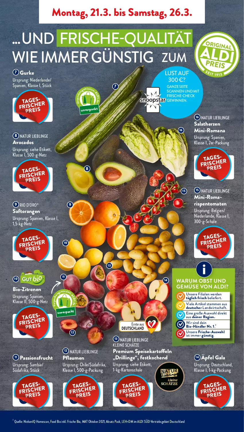 Aktueller Prospekt AldiSud - ALDI Aktuell - von 21.03 bis 26.03.2022 - strona 3 - produkty: aldi, ambia, avocado, avocados, bio, bio-zitronen, eis, elle, erde, frucht, gurke, kartoffel, kartoffeln, leine, LG, natur, obst, Obst und Gemüse, orange, orangen, passionsfrucht, pflaume, pflaumen, rispentomaten, rum, saft, Saftorangen, salat, salatherzen, Schal, Schale, speisekartoffeln, Ti, tomate, tomaten, und gemüse, zitrone, zitronen