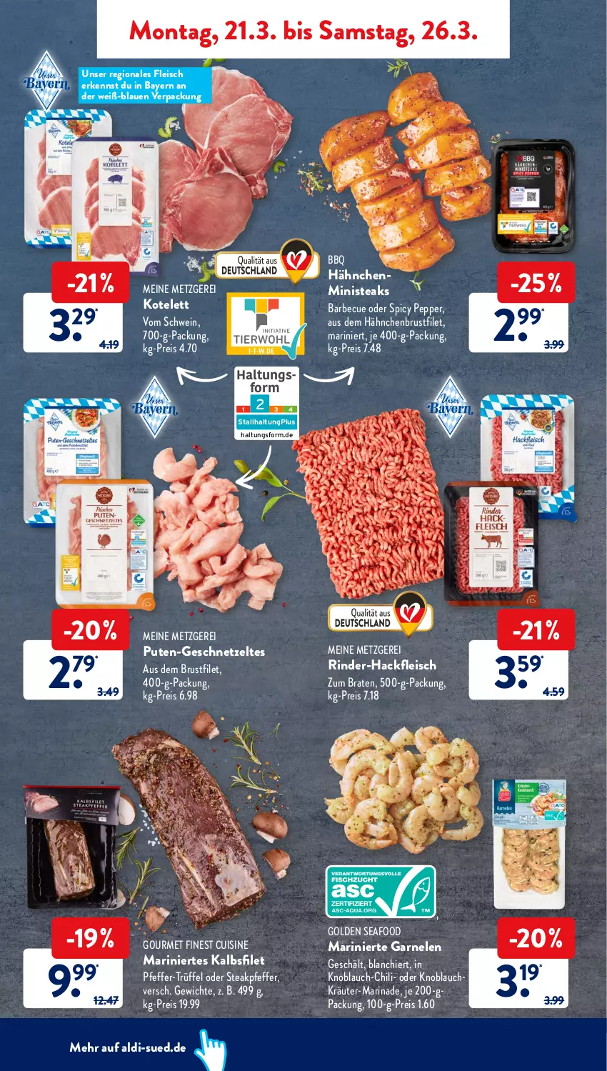 Aktueller Prospekt AldiSud - ALDI Aktuell - von 21.03 bis 26.03.2022 - strona 4 - produkty: aldi, barbecue, braten, brustfilet, bsf, chili, eis, filet, fleisch, garnelen, geschnetzeltes, hackfleisch, hähnchenbrust, hähnchenbrustfilet, knoblauch, kotelett, kräuter, marinade, pfeffer, pute, reis, rind, rinder, rinder-hackfleisch, schwein, steak, steaks, Trüffel, wein, Zelt