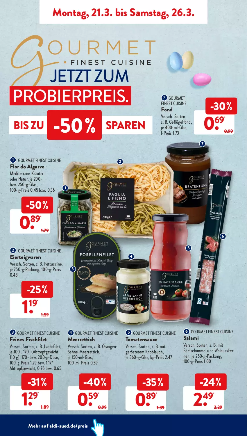 Aktueller Prospekt AldiSud - ALDI Aktuell - von 21.03 bis 26.03.2022 - strona 6 - produkty: aldi, bier, cin, eier, eis, filet, fisch, Geflügel, Geflügelfond, je 250-g-packung, knoblauch, kräuter, lachs, lachsfilet, LG, meerrettich, natur, nuss, orange, orangen, reis, Rettich, sahne, salami, sauce, teigwaren, Ti, tomate, tomaten, tomatensauce, tuc, walnuss, walnusskerne