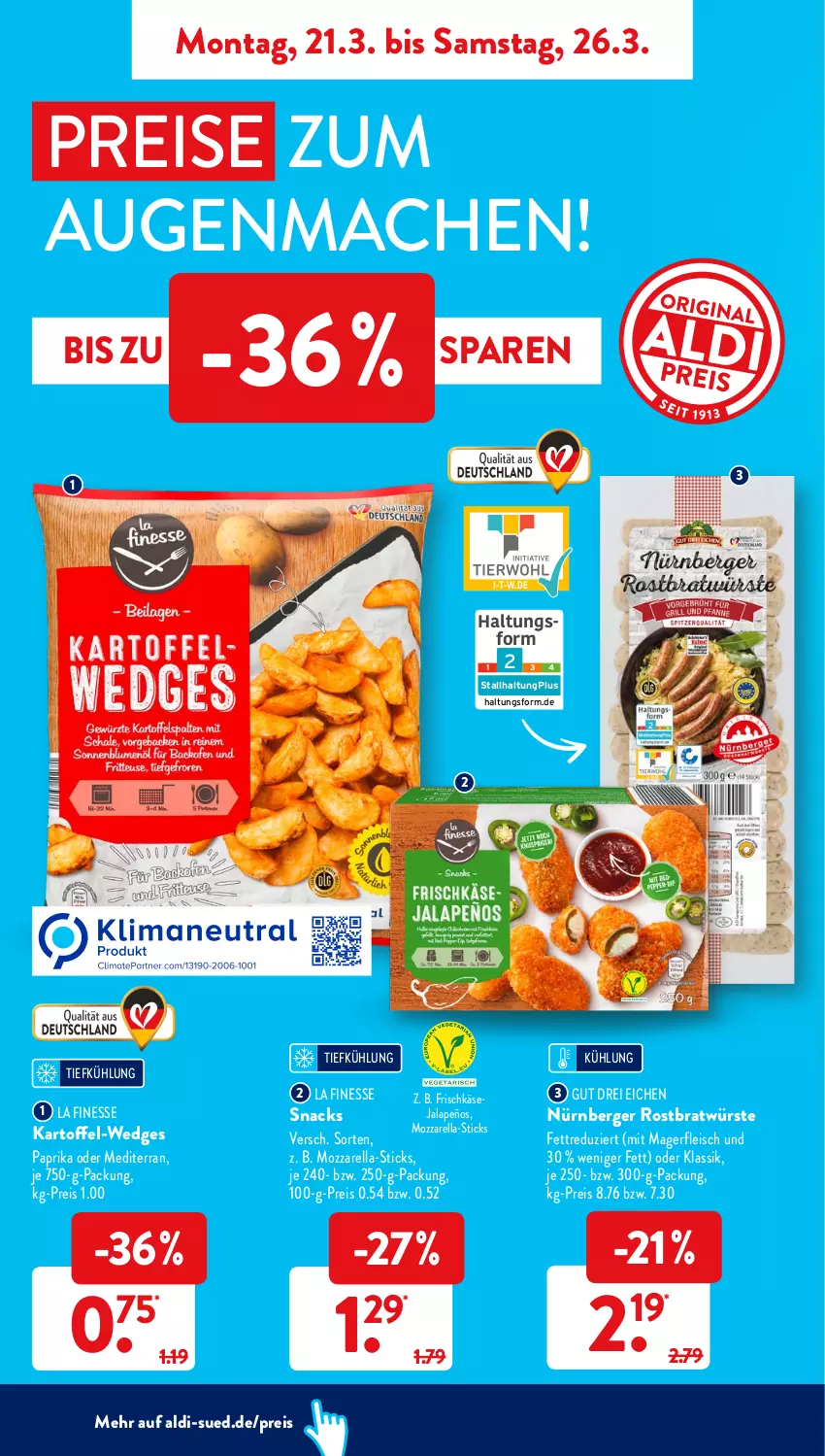 Aktueller Prospekt AldiSud - ALDI Aktuell - von 21.03 bis 26.03.2022 - strona 8 - produkty: aldi, Berger, eis, finesse, fleisch, frischkäse, jalapeño, kartoffel, Käse, mac, mozzarella, nürnberger, paprika, reis, rel, snack, snacks, Ti, wedges