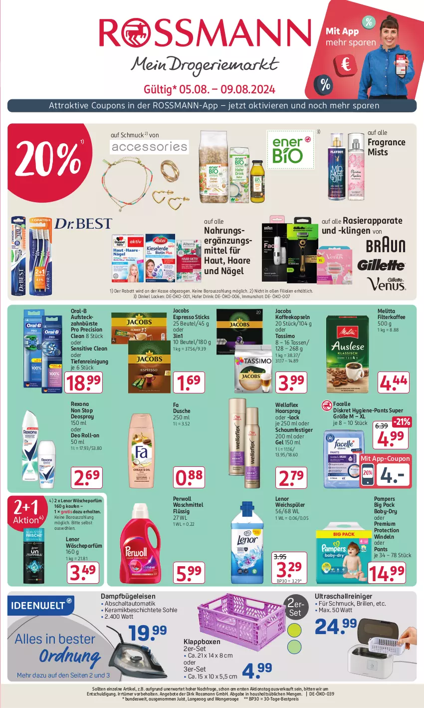 Aktueller Prospekt Rossmann - Prospekte - von 29.07 bis 01.09.2024 - strona 1 - produkty: angebot, angebote, auto, baby-dry, bestpreis, beutel, Brille, bügel, Bügeleisen, bürste, coupon, coupons, dampfbügeleisen, deo, deo roll-on, deospray, deospray 150 ml, drink, dusche, eis, elle, espresso, Facelle, filterkaffee, haarspray, hafer, Hygiene-Pants, jacobs, kaffee, kaffeekapseln, Klappbox, lack, lenor, lenor weichspüler, melitta, oder deo roll-on, oder schaumfestiger, oral-b, pampers, Pants, perwoll, precision clean, rasierapparat, reiniger, Reinigung, reis, rexona, roll-on, Schal, schaumfestiger, Schmuck, sim, tasse, tassimo, Ti, wäscheparfüm, waschmittel, weichspüler, Wella, wellaflex, windeln, windeln oder pants, zahnbürste