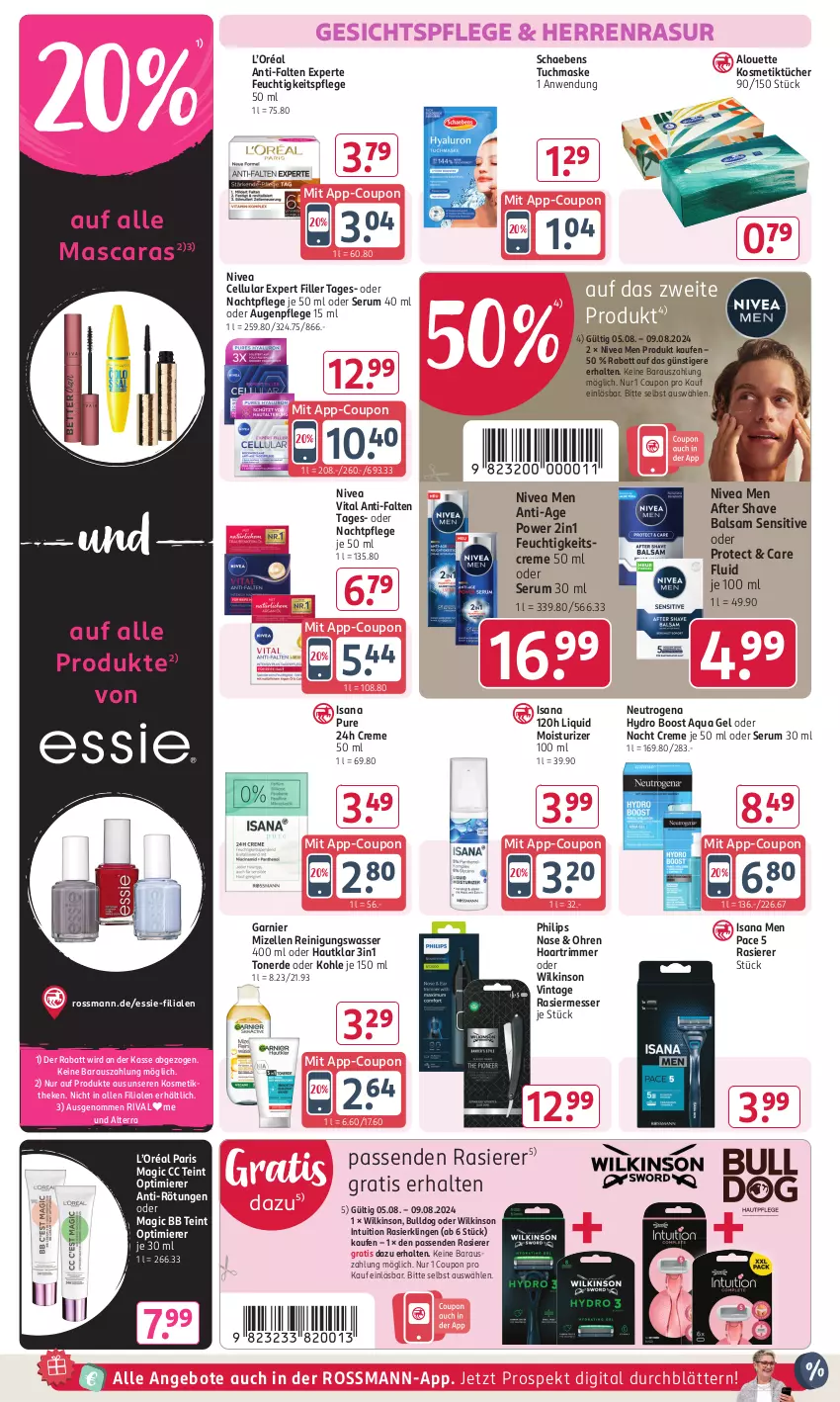 Aktueller Prospekt Rossmann - Prospekte - von 29.07 bis 01.09.2024 - strona 10 - produkty: after shave, alouette, alterra, angebot, angebote, anti-falten experte, aqua, Augenpflege, balsam, Bulldog, coupon, creme, elle, erde, feuchtigkeitscreme, feuchtigkeitspflege, garnier, gesichtspflege, gsw, isana, kosmetik, Kosmetiktücher, Mascara, Maske, messer, mizellen, Mizellen Reinigungswasser, nachtpflege, neutrogena, nivea, Nivea Men, Philips, rasierer, Rasierklinge, rasierklingen, Reinigung, rum, sana, Schaebens, Serum, Ti, Toner, tuc, tücher, tuchmaske, vita, wasser, wilkinson