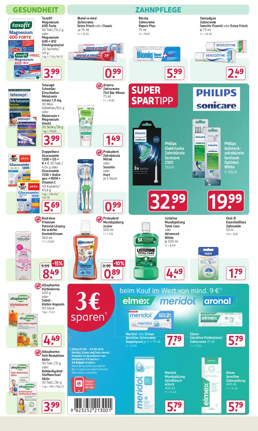 Aktueller Prospekt Rossmann - Prospekte - von 29.07 bis 01.09.2024 - strona 12 - produkty: Altapharma, alterra, bio, blend-a-med, bürste, coupon, creme, doppelherz, eis, elektrische zahnbürste, elle, elmex, Essentialfloss, fleisch, Gesundheit, Glucosamin, Kollagen, Kürbis, kürbiskerne, linsen, listerine, magnesium, meridol, minze, mundspülung, oral-b, Philips, Prokudent, sac, sensodyne, sonicare, spartipp, spülung, tablet, tablett, Tablette, Taxofit, Ti, total care, vita, Vitamin C, zahnbürste, zahncreme, Zahnseide