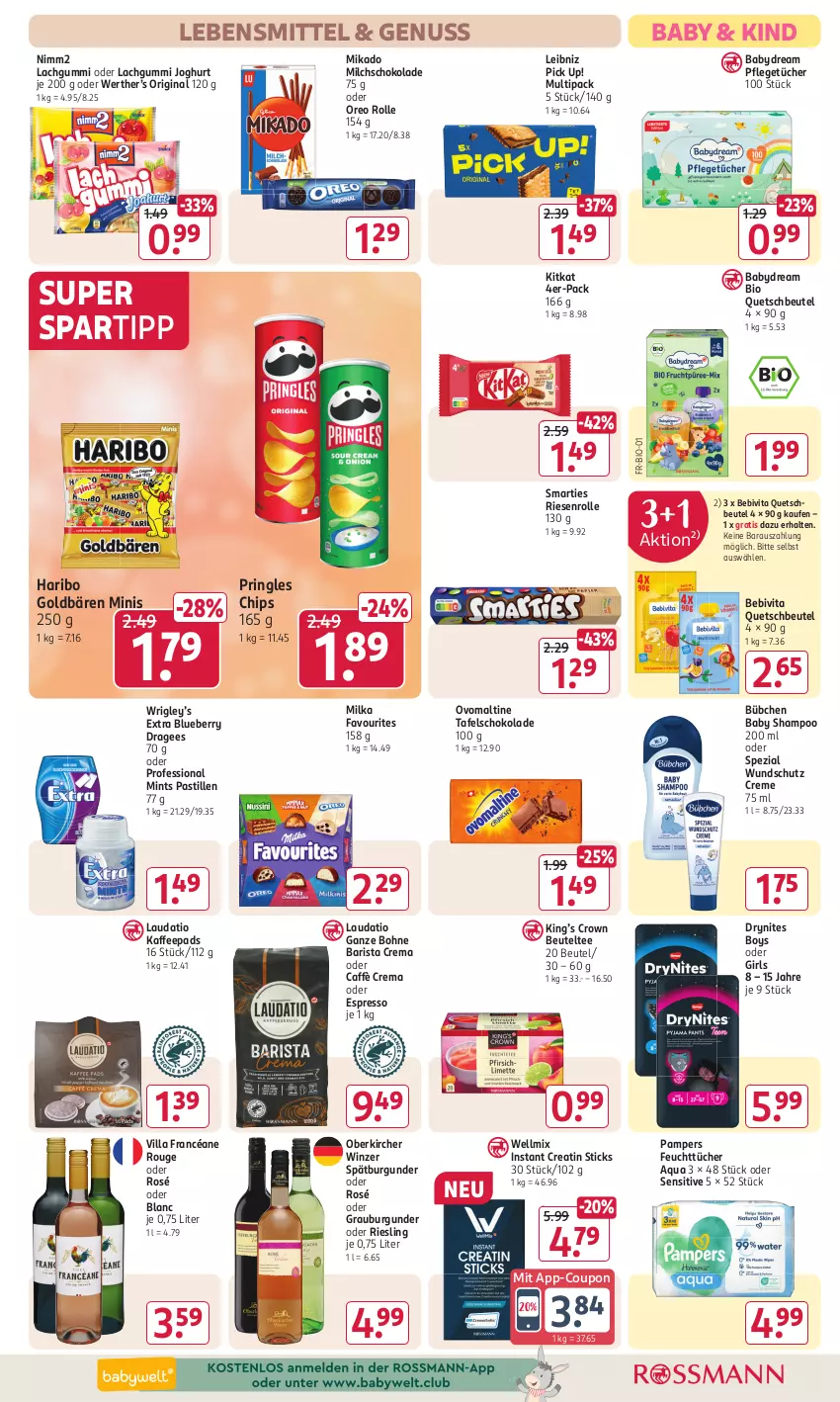 Aktueller Prospekt Rossmann - Prospekte - von 29.07 bis 01.09.2024 - strona 13 - produkty: aqua, asti, Baby Shampoo, babydream, bebivita, beutel, bio, blueberry, bohne, bübchen, burgunder, caffè crema, chips, coupon, creme, DryNites, espresso, feuchttücher, gin, goldbären, grauburgunder, haribo, joghur, joghurt, kaffee, kaffeepads, kitkat, lachgummi, lebensmittel, leibniz, mikado, milch, milka, mint, nimm2, nuss, oder espresso, oreo, ovomaltine, pampers, Pick Up!, pringles, quetschbeutel, riesling, ring, rouge, schoko, schokolade, shampoo, smarties, spartipp, spätburgunder, Spezi, tafelschokolade, tee, Ti, tücher, vita