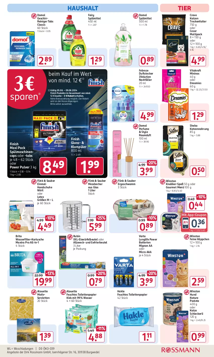 Aktueller Prospekt Rossmann - Prospekte - von 29.07 bis 01.09.2024 - strona 15 - produkty: alouette, angebot, angebote, batterie, batterien, Becher, beutel, brita, Cap, coupon, Domol, dreamies, eis, eiswürfel, fairy, febreze, feuchtes toilettenpapier, Finish, gefrierbeutel, geschirr, hakle, handschuhe, katzennahrung, klarspüler, kraft, longlife, Maxtra, Messbecher, natur, papier, pastete, Raumduft, reiniger, Rubin, schuhe, schwamm, Serviette, servietten, sheba, spülmaschinen, spülmittel, Ti, toilettenpapier, trockenfutter, varta, vita, vitakraft, wasser, wasserfilter, weck, wedel, würfel