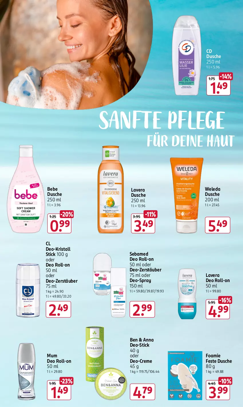 Aktueller Prospekt Rossmann - Prospekte - von 29.07 bis 01.09.2024 - strona 17 - produkty: Bebe, creme, deo, deo roll-on, dusche, lavera, oder deo roll-on, roll-on, sebamed, Ti, weleda