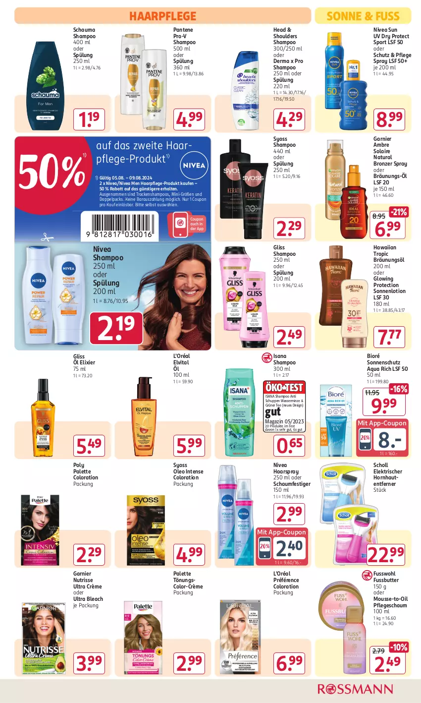 Aktueller Prospekt Rossmann - Prospekte - von 29.07 bis 01.09.2024 - strona 9 - produkty: Ambre Solaire, aqua, bio, Bräunungsöl, butter, coupon, elvital, Fusswohl, garnier, gliss, grüner tee, haarpflege, haarspray, isana, Lotion, magazin, minze, mousse, natur, natura, nivea, Nivea Men, nivea sun, Nutrisse, oder schaumfestiger, Palette, pantene, pantene pro-v, pro-v, sana, schauma, schauma shampoo, schaumfestiger, scholl, shampoo, shampoo 250 ml, sonnenschutz, Sport, spülung, spülung 200 ml, syoss, tee, Ti, Trockenshampoo, vita, wasser, Yo