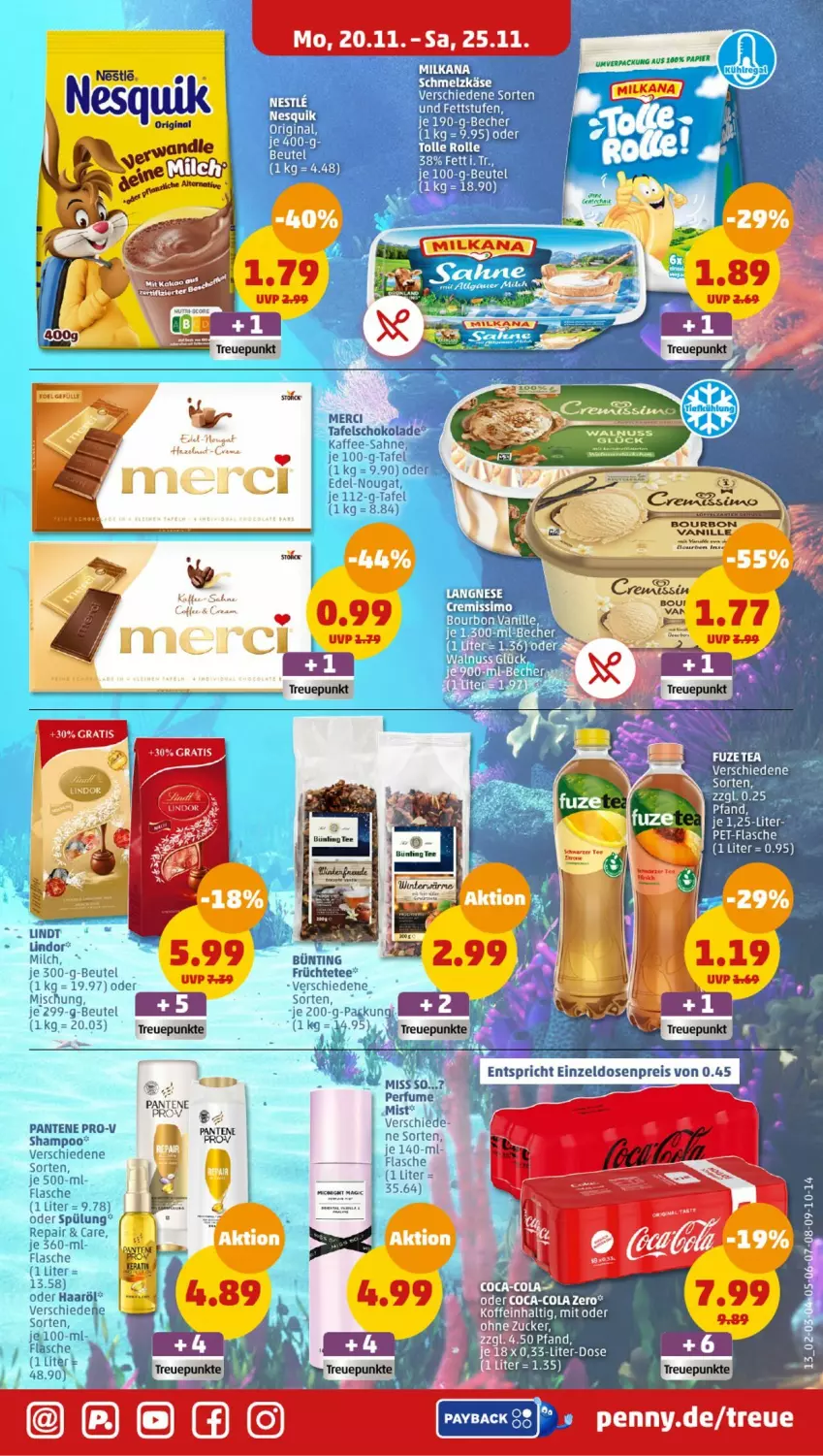 Aktueller Prospekt Penny - Prospekte - von 20.11 bis 25.11.2023 - strona 13 - produkty: bourbon, bourbon vanille, coca-cola, cola, eis, früchte, Früchtetee, Käse, lindor, lindt, mac, merci, pantene, pantene pro-v, papier, pro-v, reis, sac, Schmelzkäse, schoko, shampoo, spülung, tee, Ti, vanille, zucker