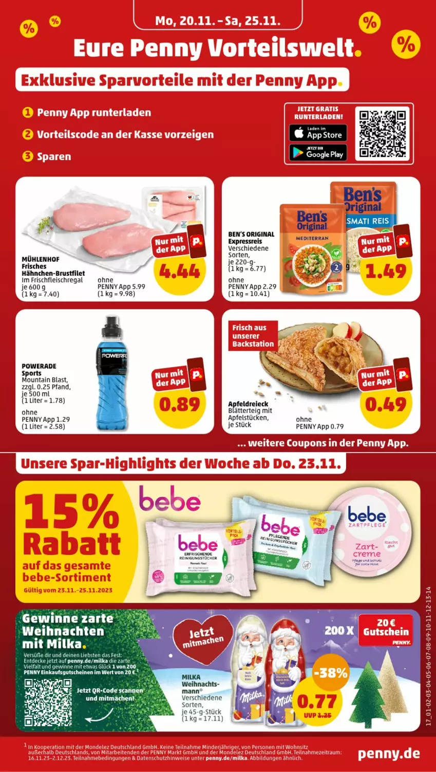 Aktueller Prospekt Penny - Prospekte - von 20.11 bis 25.11.2023 - strona 19 - produkty: apfel, Ben’s Original, blätterteig, brustfilet, eis, filet, fleisch, gin, hähnchen-brustfilet, milka, regal, Reinigung, reinigungstücher, reis, Sport, tücher, weihnachten