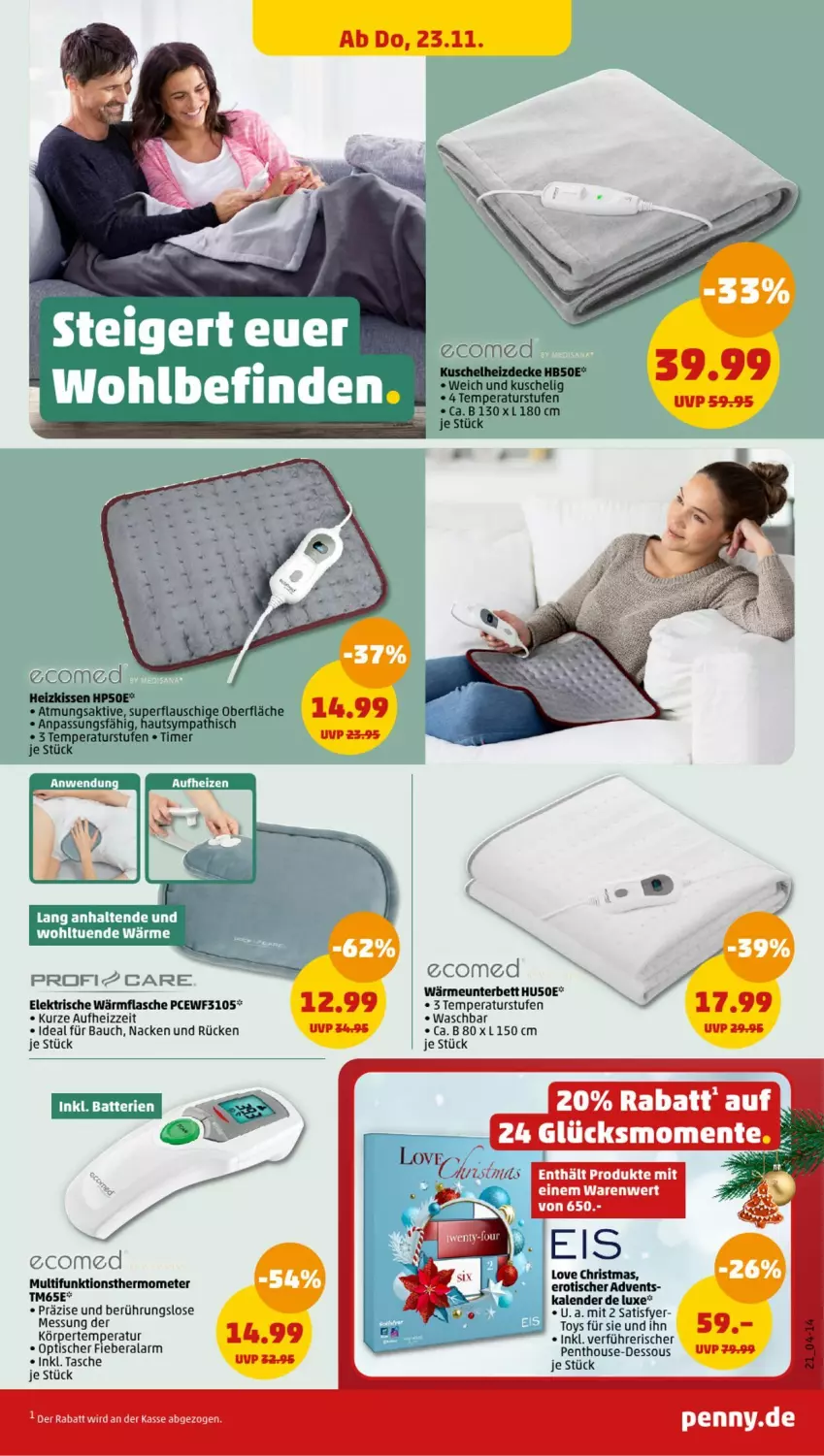 Aktueller Prospekt Penny - Prospekte - von 20.11 bis 25.11.2023 - strona 23 - produkty: batterie, batterien, Bau, decke, flasche, Heizkissen, HP, kissen, Tasche, thermometer, Ti, timer, tisch