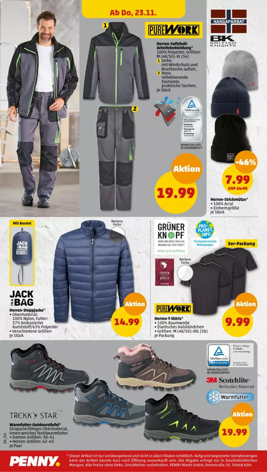 Aktueller Prospekt Penny - Prospekte - von 20.11 bis 25.11.2023 - strona 28 - produkty: asti, Bau, baumwolle, beutel, bio, ente, herren-t-shirt, hose, Jacke, Mütze, Ria, scotch, shirt, shirts, Steppjacke, T-Shirt, Tasche, taschen, Ti, Tiere, tisch, Windschutz, wolle, Yo