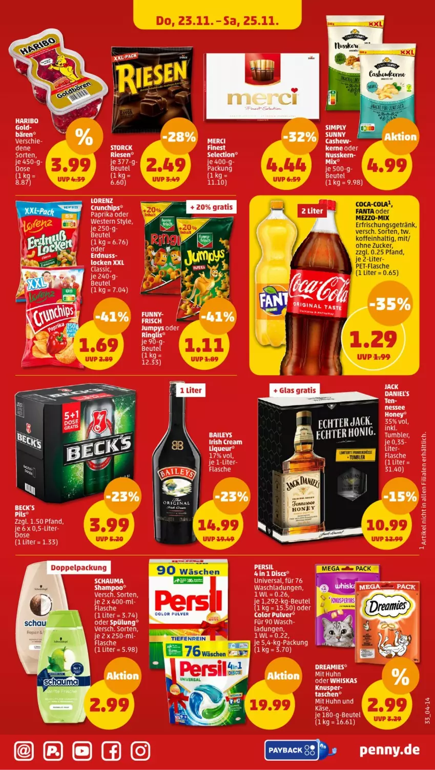 Aktueller Prospekt Penny - Prospekte - von 20.11 bis 25.11.2023 - strona 35 - produkty: baileys, beutel, Cashew, chips, coca-cola, cola, crunchips, dreamies, erdnuss, erfrischungsgetränk, fanta, fanta oder, flasche, getränk, gin, irish cream, Käse, liqueur, lorenz, merci, nuss, paprika, pet-flasche, schauma, sim, spülung, Tasche, taschen, tee, Ti, Weste, whiskas, zucker