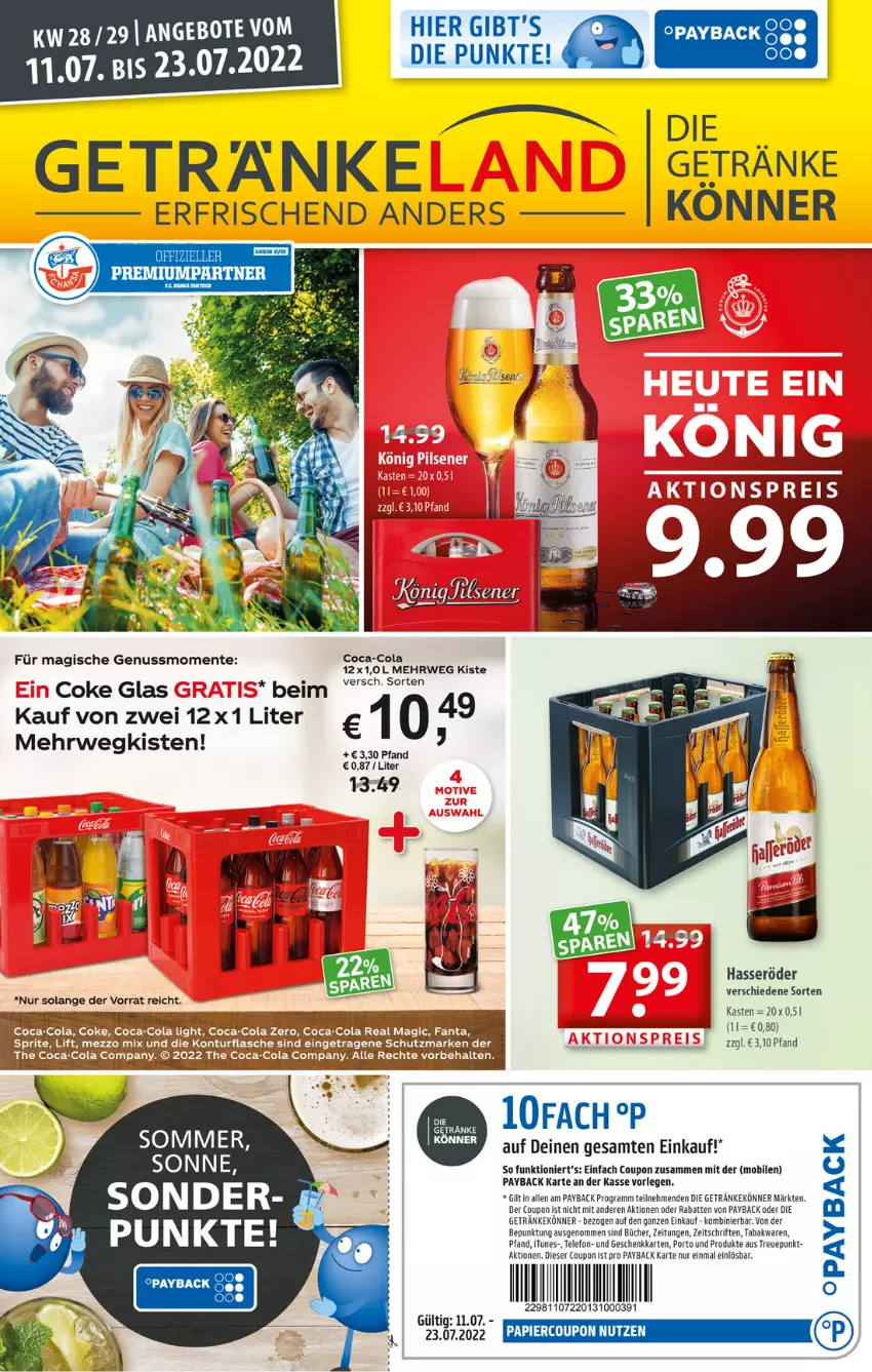 Aktueller Prospekt Getraenkeland - von 11.07 bis 23.07.2022 - strona 1 - produkty: coca-cola, cola, coupon, elle, ente, fanta, getränk, getränke, hasseröder, nuss, payback, rwe, telefon, Ti, weck