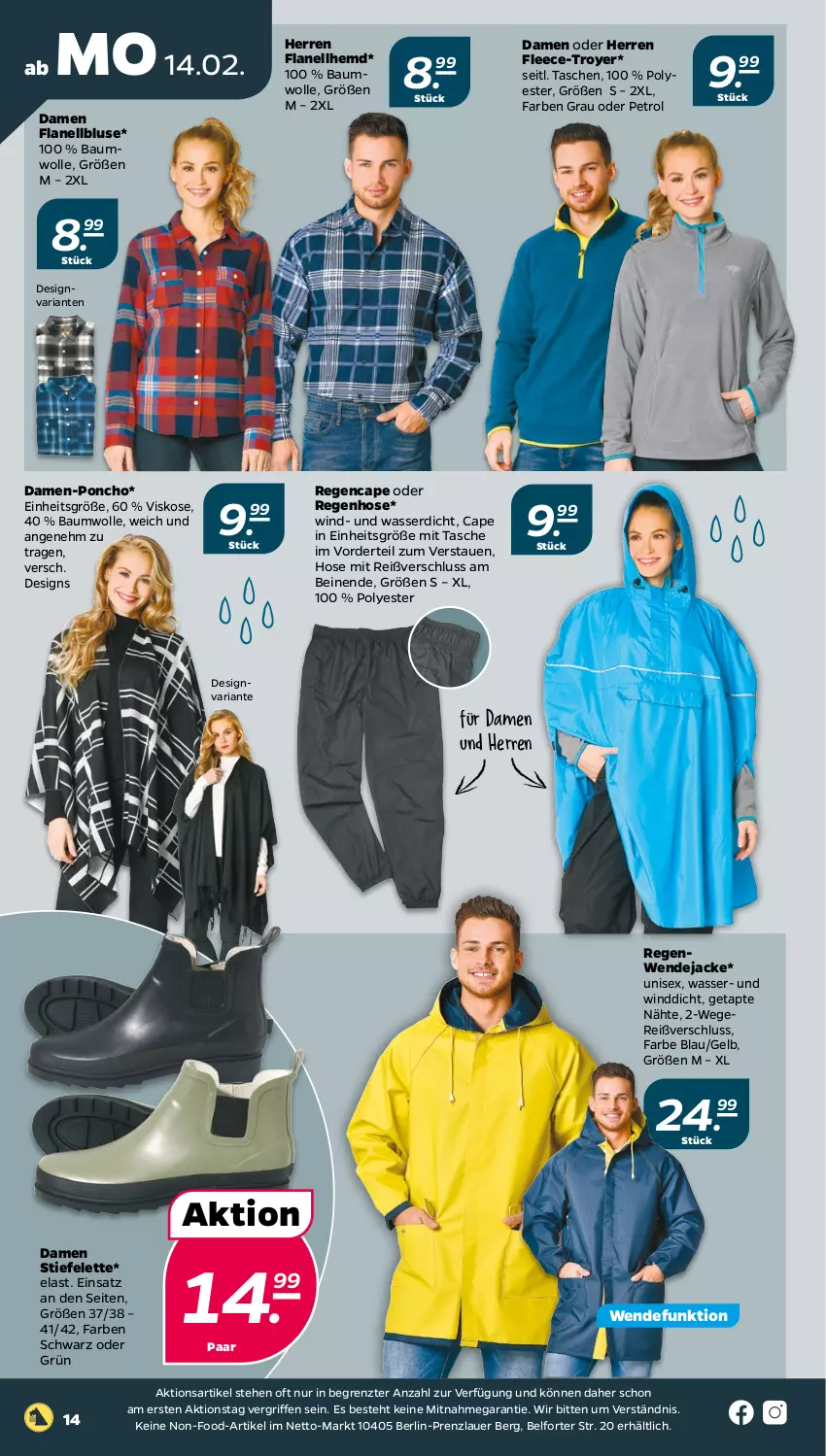 Aktueller Prospekt Netto - Angebote ab Montag - von 14.02 bis 19.02.2022 - strona 14 - produkty: auer, Bau, baumwolle, bluse, Cap, hemd, hose, Jacke, Ria, Tasche, taschen, Ti, wasser, wolle, ZTE