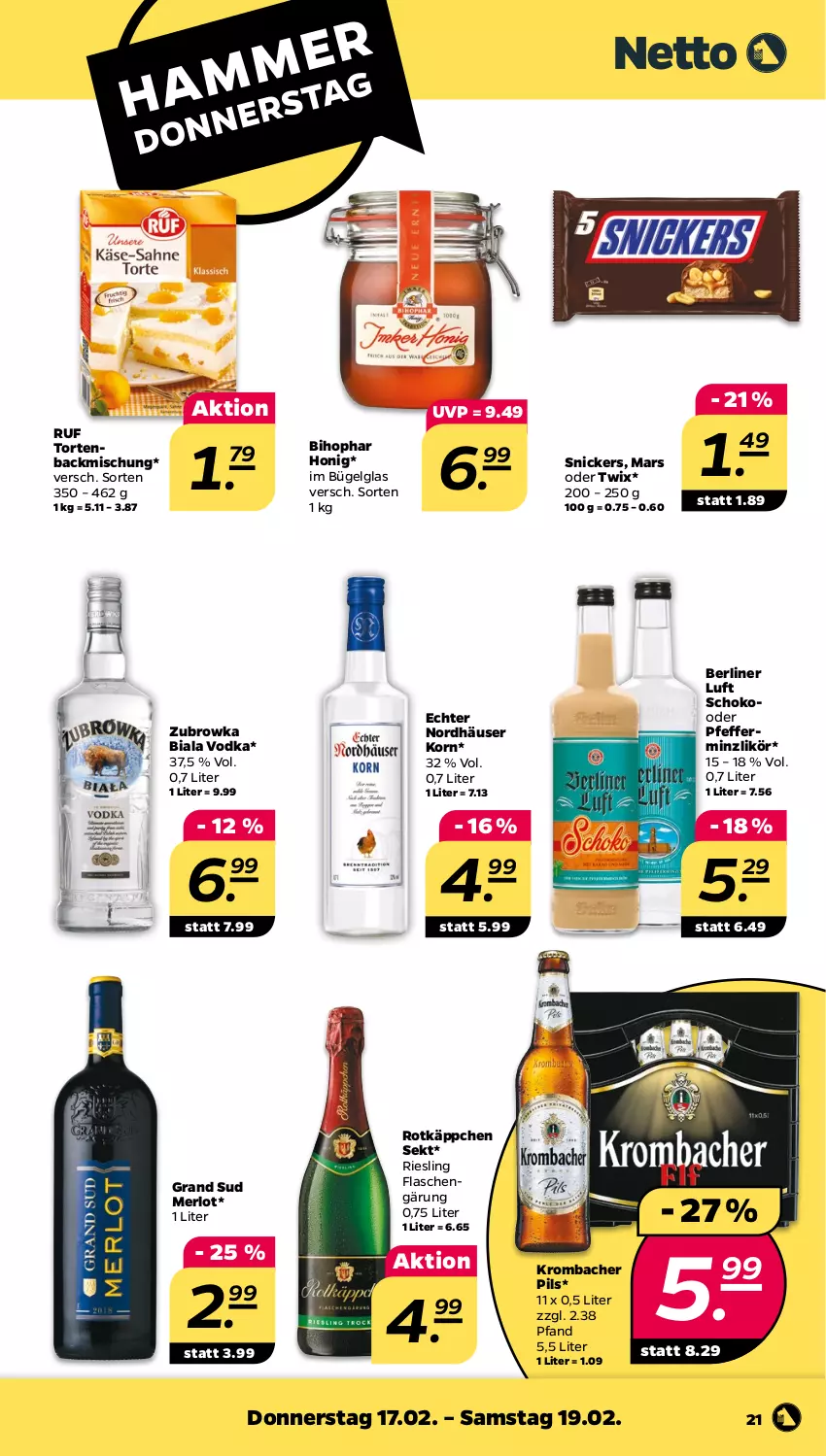 Aktueller Prospekt Netto - Angebote ab Montag - von 14.02 bis 19.02.2022 - strona 21 - produkty: backmischung, berliner, berliner luft, bihophar, bügel, flasche, grand sud, honig, korn, krombache, krombacher, krombacher pils, LG, likör, mars, merl, merlot, oder twix, pfeffer, pfefferminzlikör, pils, riesling, rotkäppchen, schoko, sekt, snickers, Ti, torte, twix, vodka