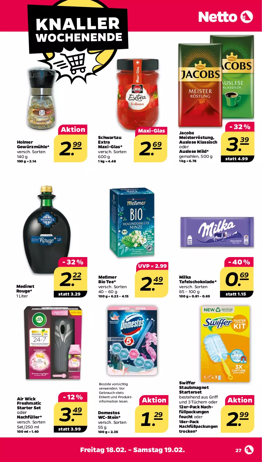 Aktueller Prospekt Netto - Angebote ab Montag - von 14.02 bis 19.02.2022 - strona 27 - produkty: Air Wick, bio, domestos, eis, gewürz, Gewürzmühle, jacobs, Jacobs Meisterröstung, medinet, Meister, meisterröstung, Meßmer, milka, Rauch, rouge, rwe, schoko, schokolade, Schwartau, staubmagnet, swiffer, tafelschokolade, tee, Ti, tücher, WICK