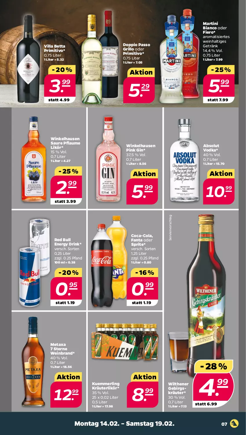 Aktueller Prospekt Netto - Angebote ab Montag - von 14.02 bis 19.02.2022 - strona 7 - produkty: Absolut Vodka, bett, coca-cola, cola, doppio passo, drink, energy drink, fanta, fanta oder, fanta oder sprite, getränk, gin, grill, grillo, kräuter, kräuterlikör, kuemmerling, likör, martini, merl, Metaxa, oder sprite, passo, pflaume, primitivo, red bull, sprite, Ti, vodka, wein, weinbrand, wilthener, winkelhausen