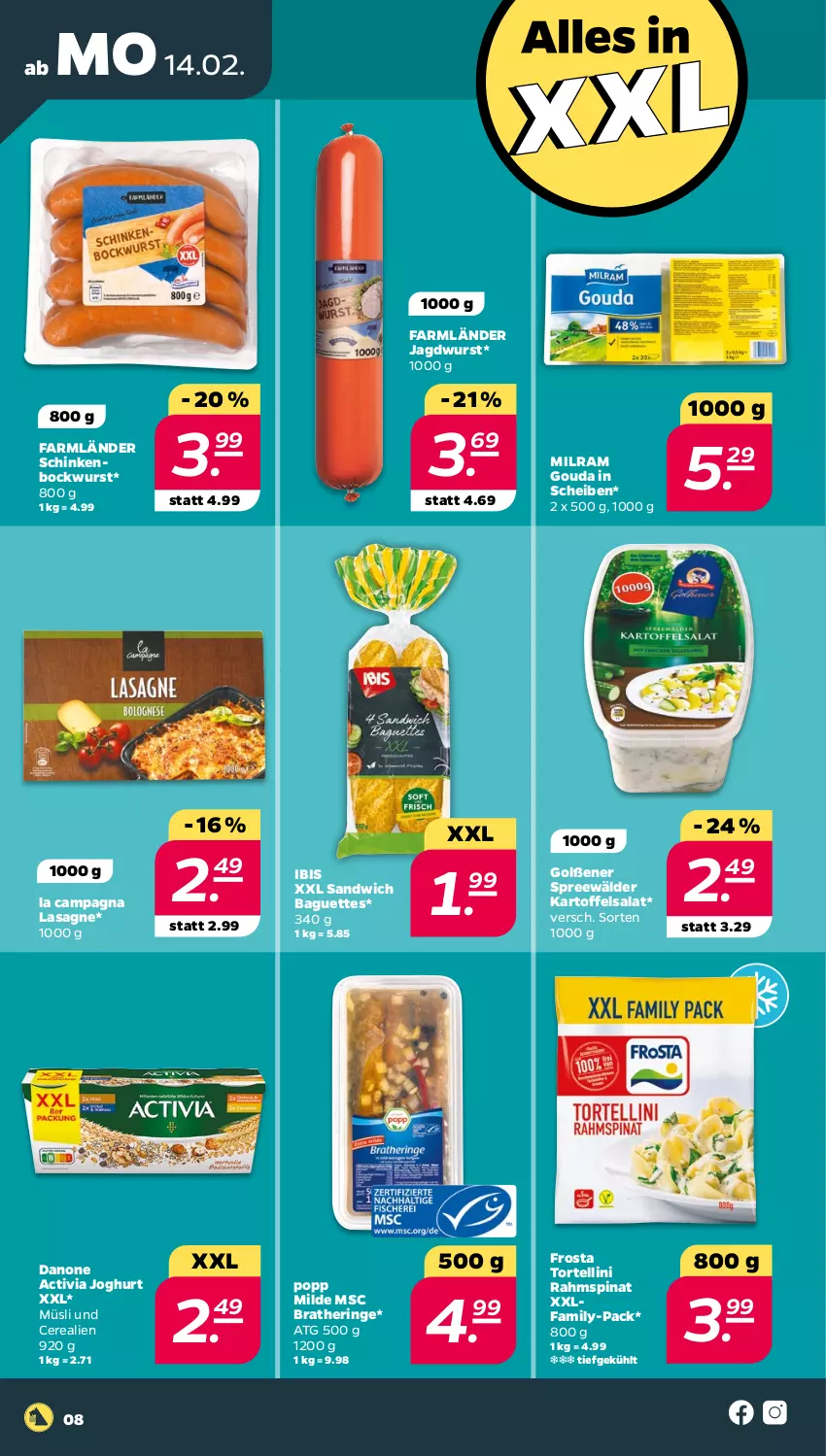 Aktueller Prospekt Netto - Angebote ab Montag - von 14.02 bis 19.02.2022 - strona 8 - produkty: activia, activia joghurt, baguette, baguettes, bockwurst, Bratheringe, cerealien, danone, danone activia, frosta, gouda, hering, jagdwurst, joghur, joghurt, kartoffel, kartoffelsalat, lasagne, milram, müsli, Popp, ring, salat, sandwich, schinken, spinat, spreewälder, Ti, torte, tortellini, wurst